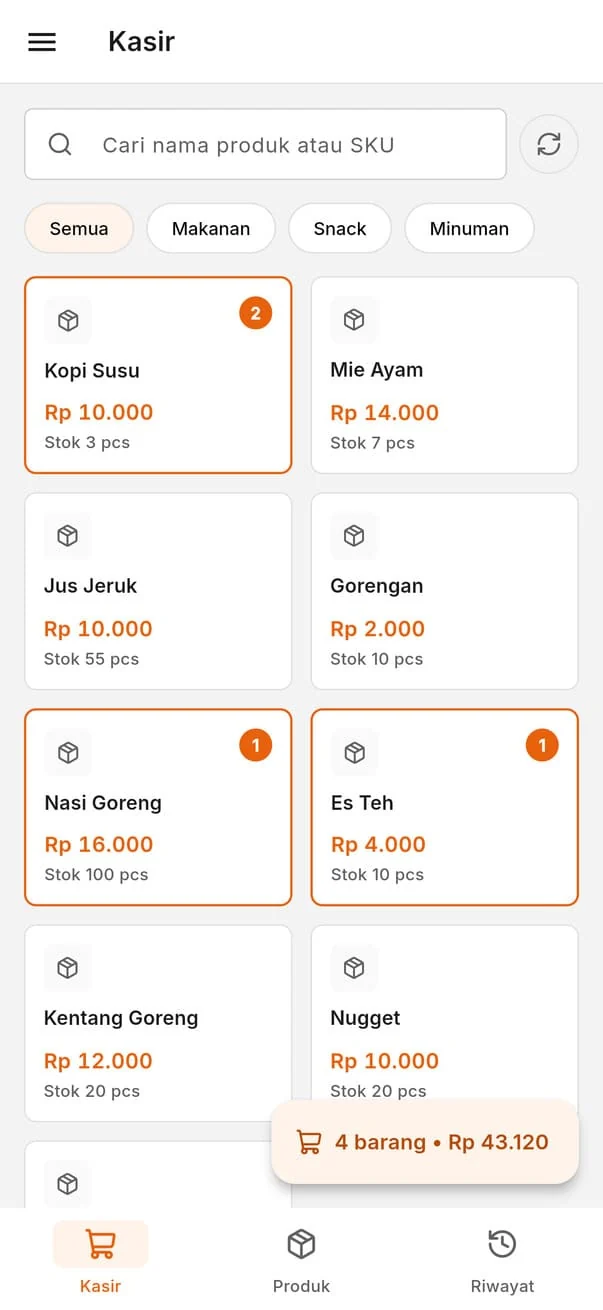 Halaman kasir Kasir Sheet di ponsel