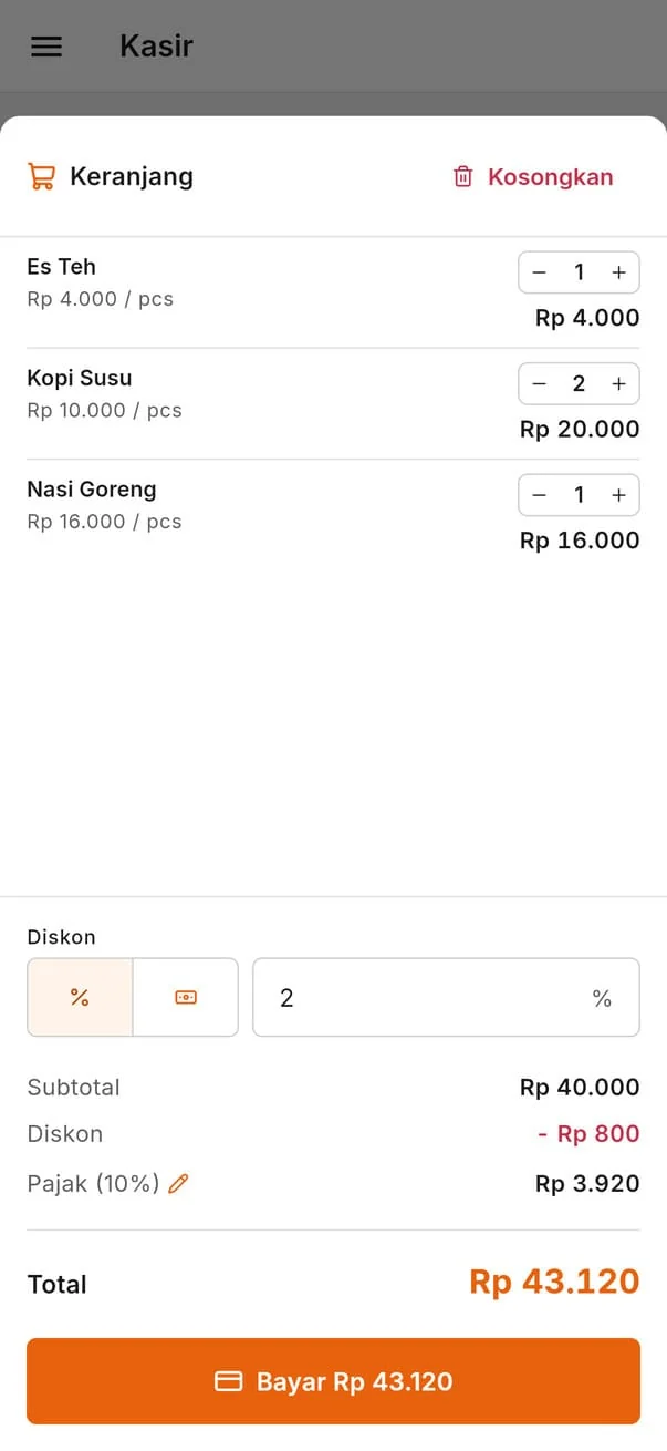 Keranjang Kasir Sheet di ponsel dengan diskon, pajak, dan total