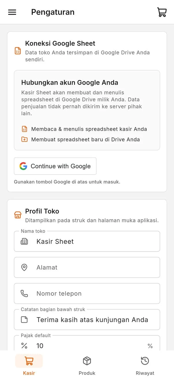 Halaman pengaturan Kasir Sheet di ponsel untuk menghubungkan akun Google