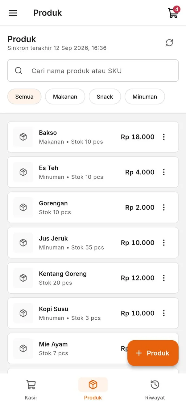 Halaman kelola produk Kasir Sheet di ponsel