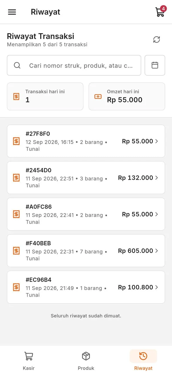 Halaman riwayat transaksi Kasir Sheet di ponsel
