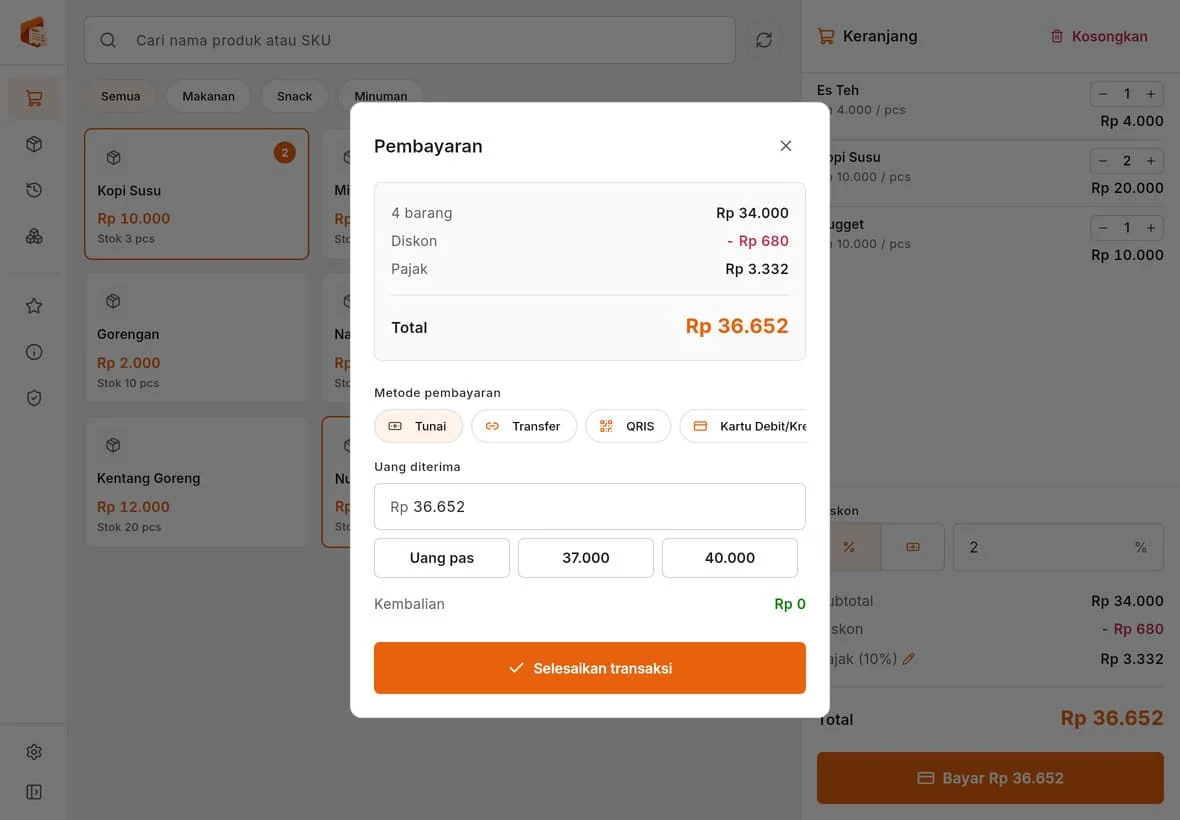 Dialog pembayaran Kasir Sheet dengan pilihan Tunai, Transfer, QRIS, dan Kartu, serta saran nominal uang